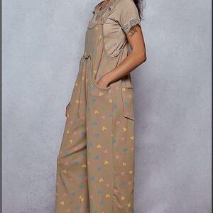082 - POL Brown Overalls with Colorful Heart Pattern NWOT
